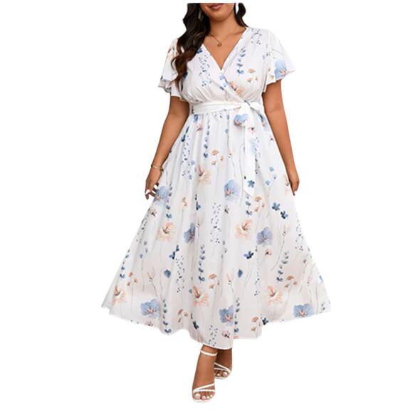 Floral Midi Plus-Size Dress V-Neck Belted Waist White Blue Spring Size 20 - Picture 7 of 7